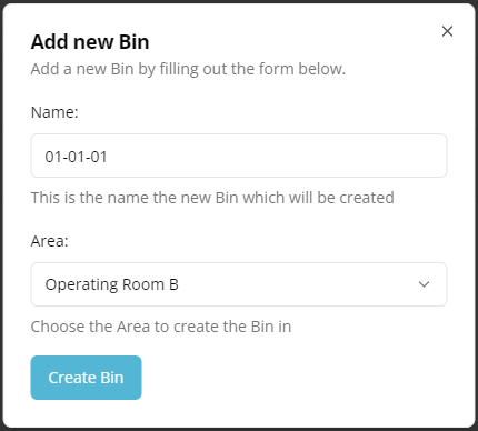 Screenshot of the Add Bin Popup