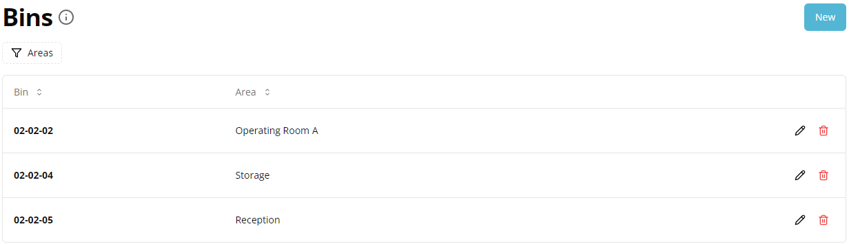 Screenshot of the Bins Page